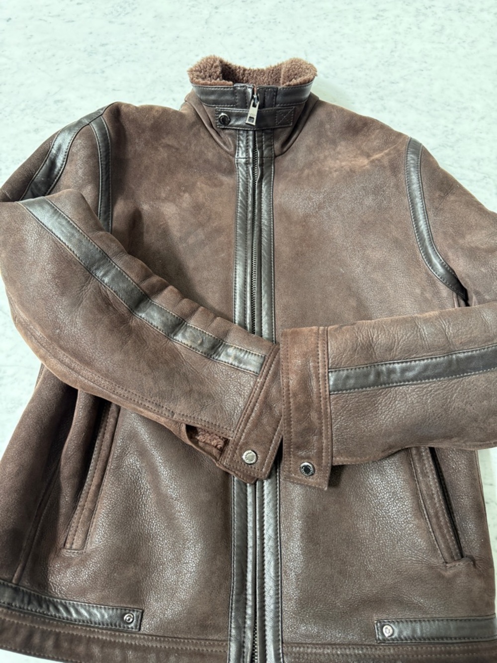 Andrew Marc Brown Leather Bomber Jacket with Dark Trim